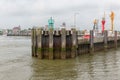 German harbor Cuxhaven with pier and profile former lightship ELBE1