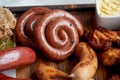 German hearty lunch in the pub.Grilled sausages, stewed cabbage, croutons, sauce. Beer snack