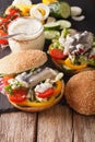 German herring sandwich with sauce and vegetables close-up. vert Royalty Free Stock Photo