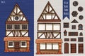 German houses, collection of elements, itemset, roof, windows, doors. Fahverk architecture cute style for postcard