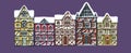 German houses winter cartoon collection urban snow landscape front view of European city street colorful building