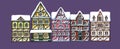 German houses winter cartoon collection urban snow landscape front view of European city street colorful building