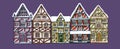 German houses winter cartoon collection urban snow landscape front view of European city street colorful building