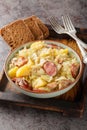 German Jager Kohl, hunter\'s cabbage with Sausage, Bacon and Potatoes close-up in a bowl. Vertical