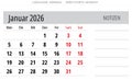 German January 2026 calendar with space for notes. Month Januar. Vector illustration Germany Royalty Free Stock Photo
