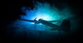 German Junker (Ju-88) night bomber at night. Artwork decoration with scale model of jet-propelled plane in possession Royalty Free Stock Photo