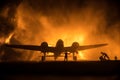 German Junker Ju-88 night bomber at night. Artwork decoration with scale model of jet-propelled plane in possession. Toned foggy Royalty Free Stock Photo