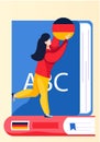 German language courses illustration with woman standing on book holding german flag in circle frame