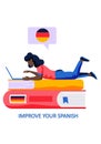 German language courses illustration with german word flag and a woman with laptop on the books