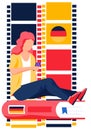 German language courses illustration with german word flag and a woman with phone on the books