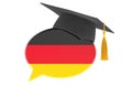 German language learning, concept. Speech bubble with German flag and graduation cap. 3D rendering Royalty Free Stock Photo