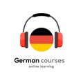 German language learning logo icon with headphones. Creative german class fluent concept speak test and grammar