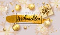 German lettering Frohe Weihnachten - Happy New Year and Merry Christmas. Christmas background with shining gold Royalty Free Stock Photo