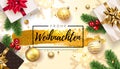 German lettering Frohe Weihnachten - Happy New Year and Merry Christmas. Christmas greeting background with gifts box Royalty Free Stock Photo