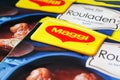 German Maggi instant sauce packages, owned by Nestle. Maggi is an international brand of soups, stocks, bouillon cubes, ketchup,