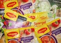 German Maggi instant sauce packages, owned by Nestle. Maggi is an international brand of soups, stocks, bouillon cubes, ketchup,