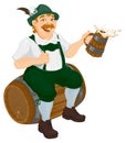 German man sits on an oak barrel and holding wooden beer mug. Bavarian fat man celebrating oktoberfest Royalty Free Stock Photo