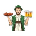 German man wearing tyrolean suit with sausages and beers