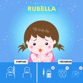 Infographics of Rubella. Kid girl pneumonia with cough and red skin, Health care cartoon character. Royalty Free Stock Photo