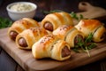 German mini sausages dough wooden board. Generate Ai