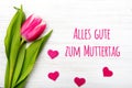 German Mother`s day card with word Muttertag Mother`s day tulip and hearts