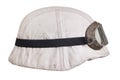 German nazi army helmet with protective goggles and white camouflage cover, type winter, helmet M35, M40, M42