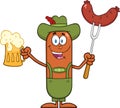 German Oktoberfest Sausage Cartoon Character Holding A Beer And Weenie On A Fork