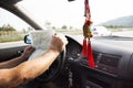 German old man driving car and looking map go to Sandhausen Royalty Free Stock Photo