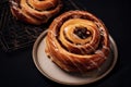 German pastry roll with raisins and sugar glazing called \'Rosinenschnecke\' on plate