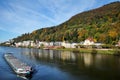 German people captain riding Barge and Tugboat cargo ship sailing in Rhine and Neckar river riverside of Heidelberger old town at