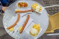 German plate of sausages and fries Royalty Free Stock Photo