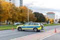 German Police car blocks road traffic at Dresden city street for safety reasons at demonstration protest activists Royalty Free Stock Photo