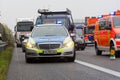 German police car stands on freeway a2 by a truck crash near Hannover.