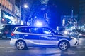 German police car waiting on the road and arranging traffic. Police car blocking the traffic in germany as a safety measure at an Royalty Free Stock Photo