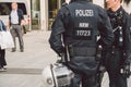 German police officer. Riot Police Germany. Police patrolling in dusseldorf October 27, 2018. German policemen Polizei at work.