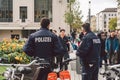 German police officer. Riot Police Germany. Police patrolling in dusseldorf October 27, 2018. German policemen Polizei at work. Royalty Free Stock Photo