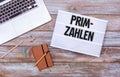 German Primzahlen prime numbers, office desk flat lay Royalty Free Stock Photo