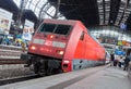 German regional express train from Deutsche Bahn, arrives at hamburg train station in june 2014