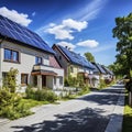 German residential street with terraced houses with solar systems for generating energy on the roofs, made with generative ai Royalty Free Stock Photo