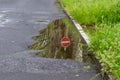 German road sign for one way and forbidden direction as restriction and prohibition for cars and road traffic as nice reflection Royalty Free Stock Photo