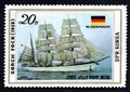 German sailing ship Gorch Fock on sea. Sailboat depicted on a postage stamp