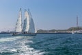 German sailing ship with passengers entering harbor of Helgoland