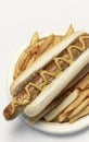 German sausage hot dog with french fries snack plate Royalty Free Stock Photo