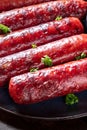 German sausages with parsley, a close-up shot of a portion.