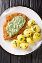 German schnitzel with boiled potatoes and Frankfurt green sauce close-up in a plate. vertical top view Royalty Free Stock Photo