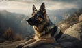 German Shepherd alert and poised amidst a rugged mountain landscape photo showing breeds characteristic strength loyalty