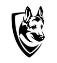 Malinois shepherd dog head in heraldic shield black and white vector emblem