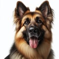 German Shepherd breed. The dog's ears are erect and have a mixture of brown and black fur. The background is simple