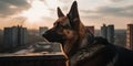 German shepherd dog on the background of the city and the sunset.