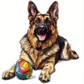 German shepherd dog with colorful toy ball icon in cartoon sketch style on white background Royalty Free Stock Photo